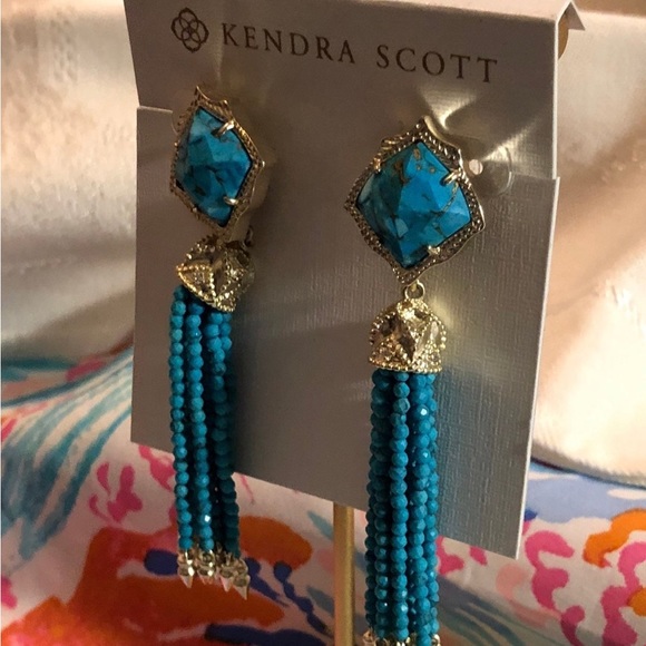 Kendra Scott Blossom Statement Tassel Dangle Earrings in Gold and turquoise - Picture 2 of 5
